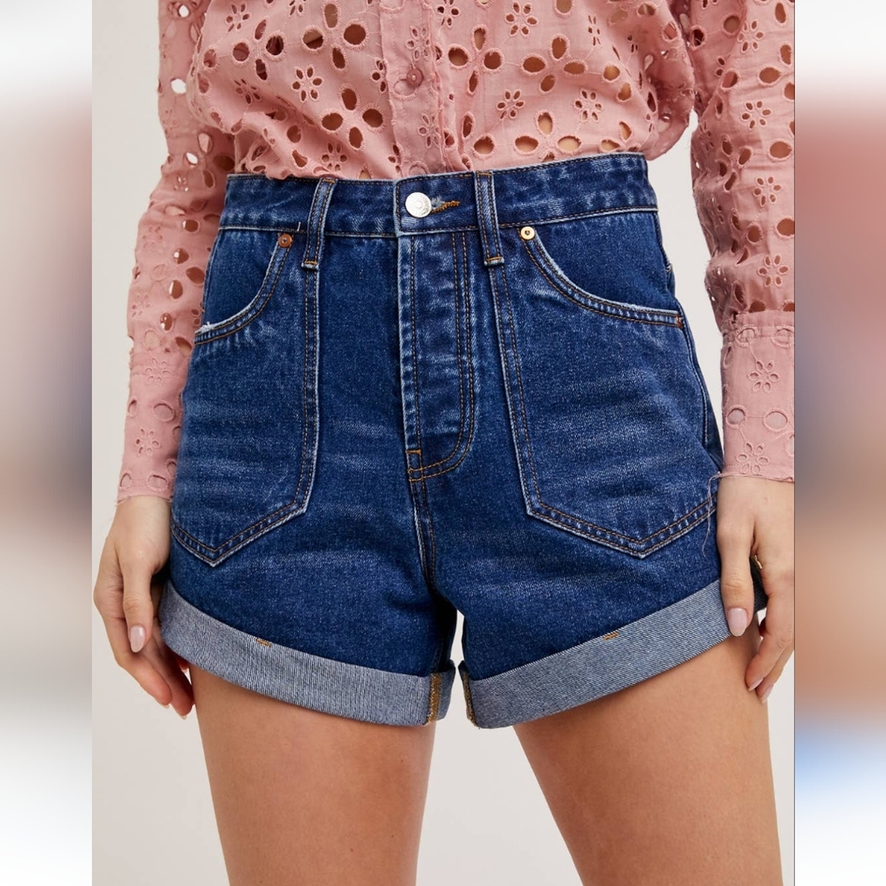 Bluivy Western Front Pocket Rolled Hem Denim Blue Women's Shorts Size Large